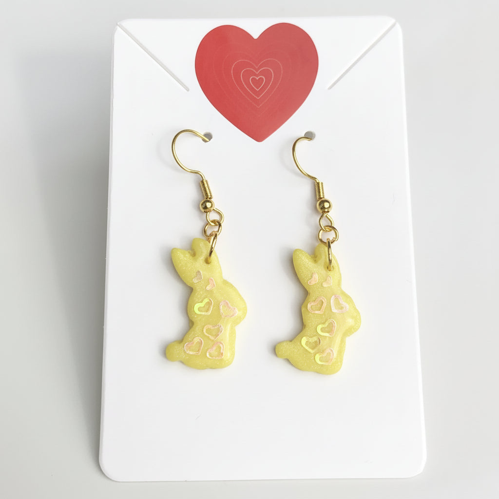 Boucles d'Oreilles Pendantes Lapins - Jaune Citron Pailleté