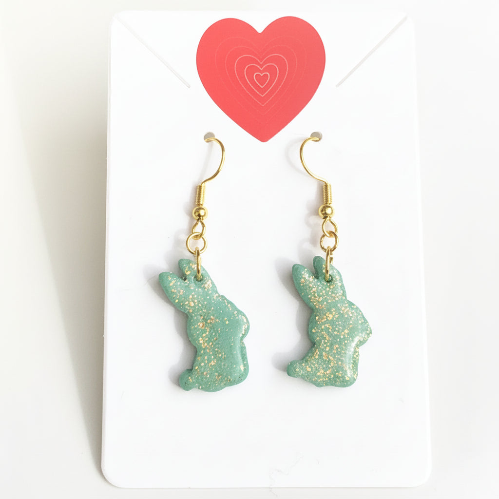 Boucles d'Oreilles Pendantes Lapins - Vert Sauge Pailleté
