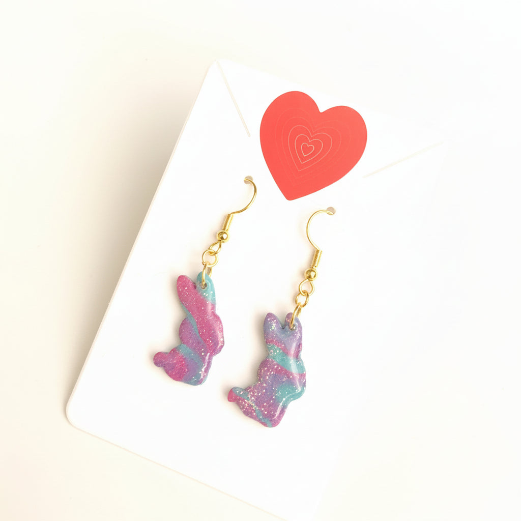 Boucles d'Oreilles Pendantes Lapins - Fuchsia Turquoise Pailleté