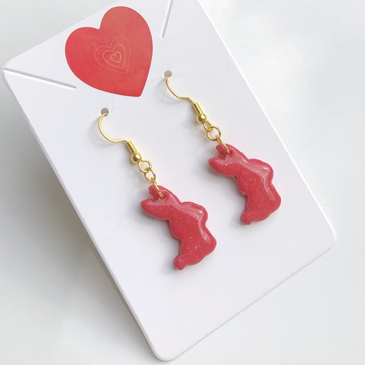 Boucles d'Oreilles Pendantes Lapins - Rouge Cerise Pailleté