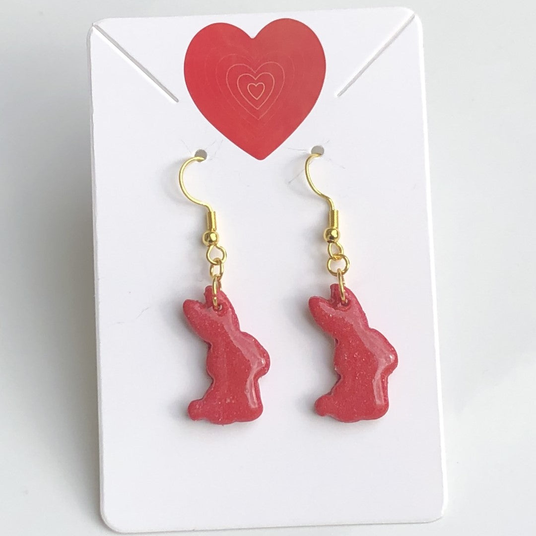 Boucles d'Oreilles Pendantes Lapins - Rouge Cerise Pailleté