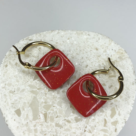 Boucles d'Oreilles Créoles Pampilles Carrées - Rouge Indien Pailletées