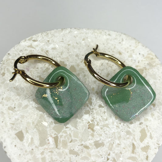 Boucles d'Oreilles Créoles Pampilles Carrées - Vert et Vert Sauge