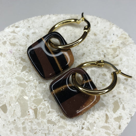 Boucles d'Oreilles Créoles Pampilles Carrées - Brun Rayé