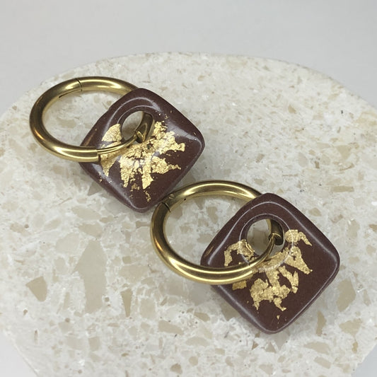 Boucles d'Oreilles Créoles Pampilles Carrées - Cassis et Or