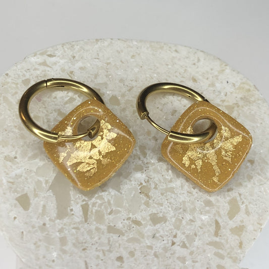 Boucles d'Oreilles Créoles Pampilles Carrées - Sable Doré et Or