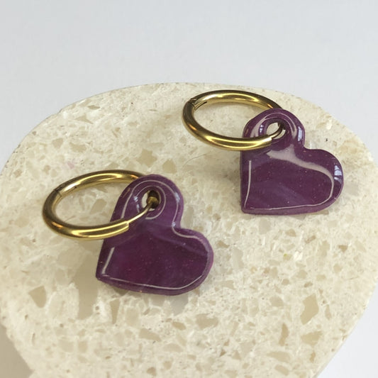 Boucles d'Oreilles Créoles Pampilles Cœurs - Violet Voilé