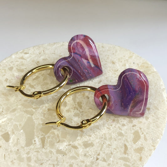 Boucles d'Oreilles Créoles Pampilles Cœurs - Violet et Bordeaux