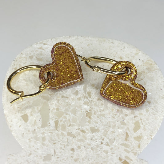 Boucles d'Oreilles Créoles Pampilles Cœurs - Beige Sable et Or