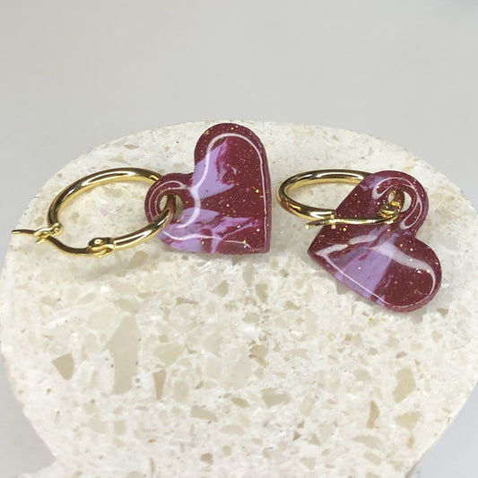 Boucles d'Oreilles Créoles Pampilles Cœurs - Terra Cotta Marbré