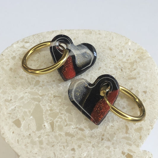 Boucles d'Oreilles Créoles Pampilles Cœurs - Noir, Rouge et Blanc