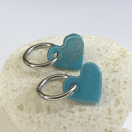 Boucles d'Oreilles Créoles Pampilles Cœurs - Bleu Turquoise et Argent