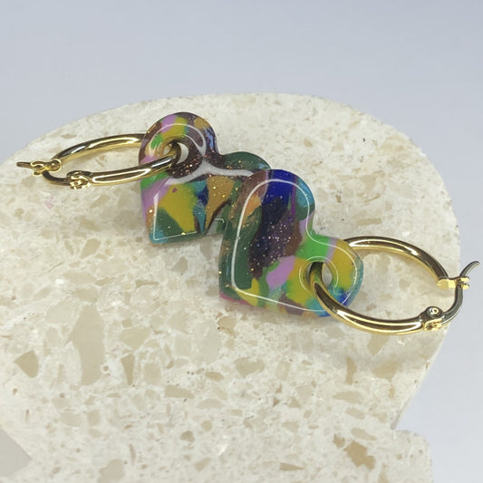 Boucles d'Oreilles Créoles Pampilles Cœurs - Multicolore