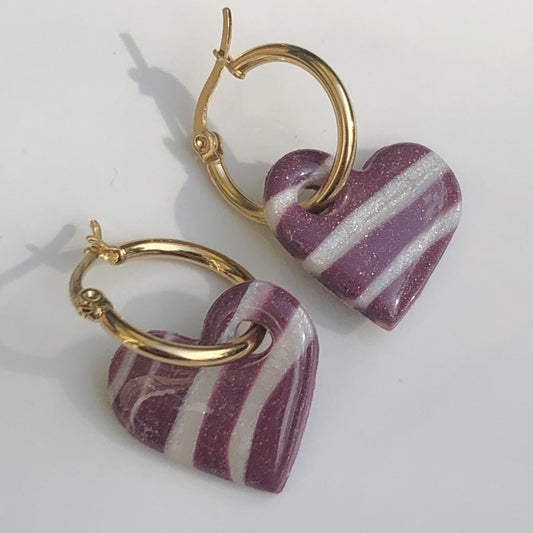 Boucles d'Oreilles Créoles Pampilles Cœurs - Violet Blanc Nacré Rayé