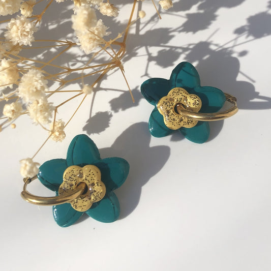 Boucles d'Oreilles Créoles Pampilles Fleurs Duo - Bleu, Jaune