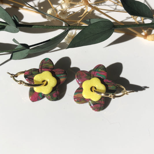 Boucles d'Oreilles Créoles Pampilles Fleurs Duo - Multicolore, Jaune