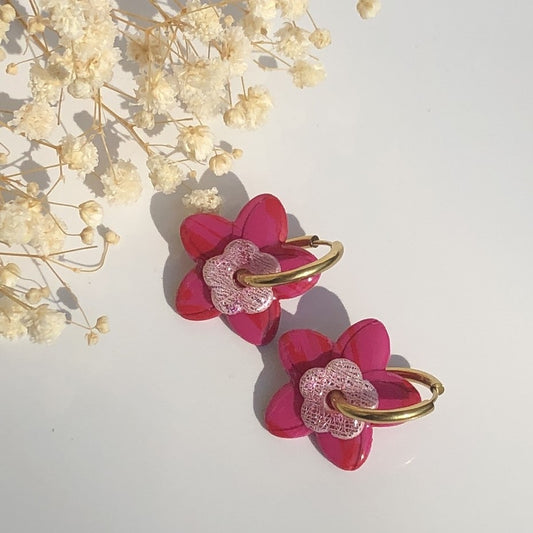 Boucles d'Oreilles Créoles Pampilles Fleurs Duo - Rose Fuchsia, Rose Light