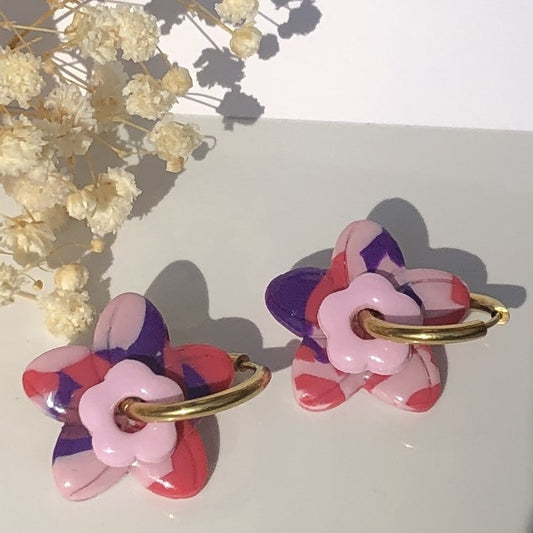 Boucles d'Oreilles Créoles Pampilles Fleurs Duo - Bleu, Rose Light