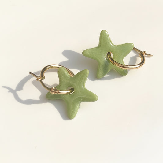 Boucles d'Oreilles Créoles Pampilles Etoiles - Vert Pistache