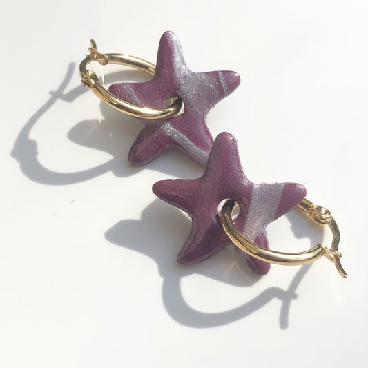 Boucles d'Oreilles Créoles Pampilles Etoiles - Violet Cassis