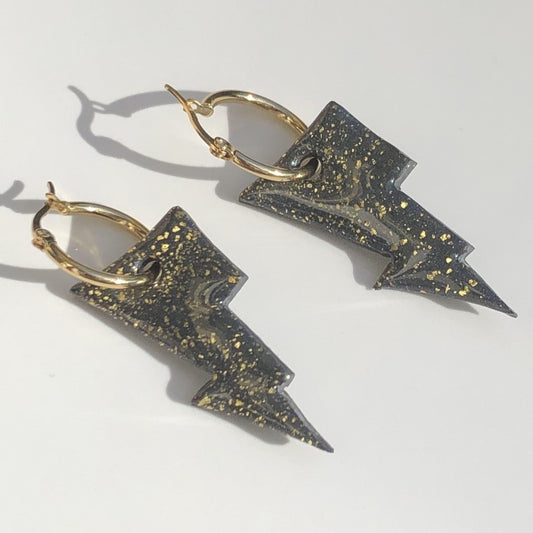 Boucles d'Oreilles Créoles Pampilles Eclairs - Gris Foncé Métallisé et Or