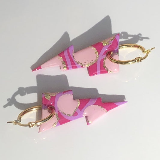Boucles d'Oreilles Créoles Pampilles Eclairs - Rose Framboise, Rose Light et Or