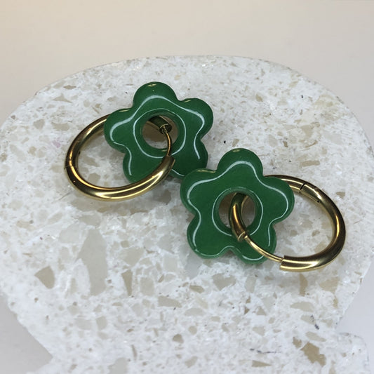 Boucles d'Oreilles Créoles Pampilles Fleurs - Vert Sapin