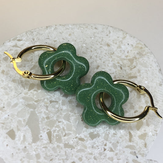 Boucles d'Oreilles Créoles Pampilles Fleurs - Vert Sapin
