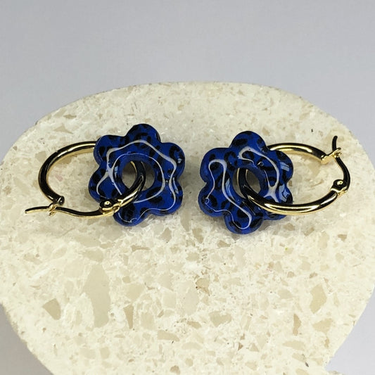 Boucles d'Oreilles Créoles Pampilles Fleurs - Léopard Bleu Pacifique