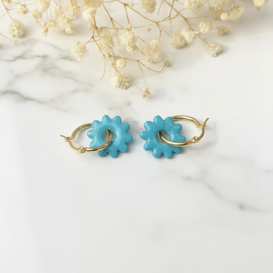 Boucles d'Oreilles Créoles Pampilles Fleurs - Bleu Menthe