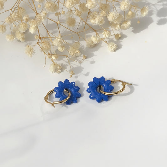 Boucles d'Oreilles Créoles Pampilles Fleurs - Bleu Pacifique