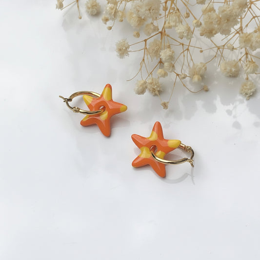 Boucles d'Oreilles Créoles Pampilles Étoiles - Orange Tangerine à Pois