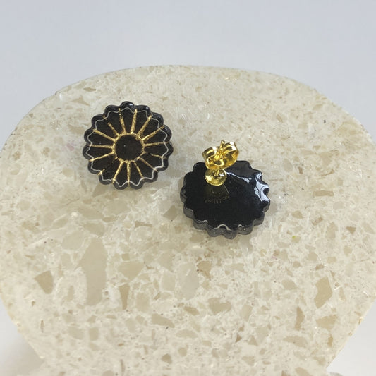 Puces d'Oreilles Fleurs - Noir et Or