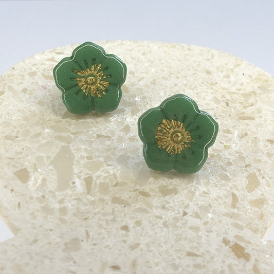 Puces d'Oreilles Fleurs - Vert Sapin et Or