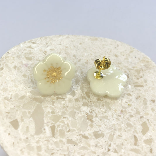 Puces d'Oreilles Fleurs - Blanc Fluorescent et Or