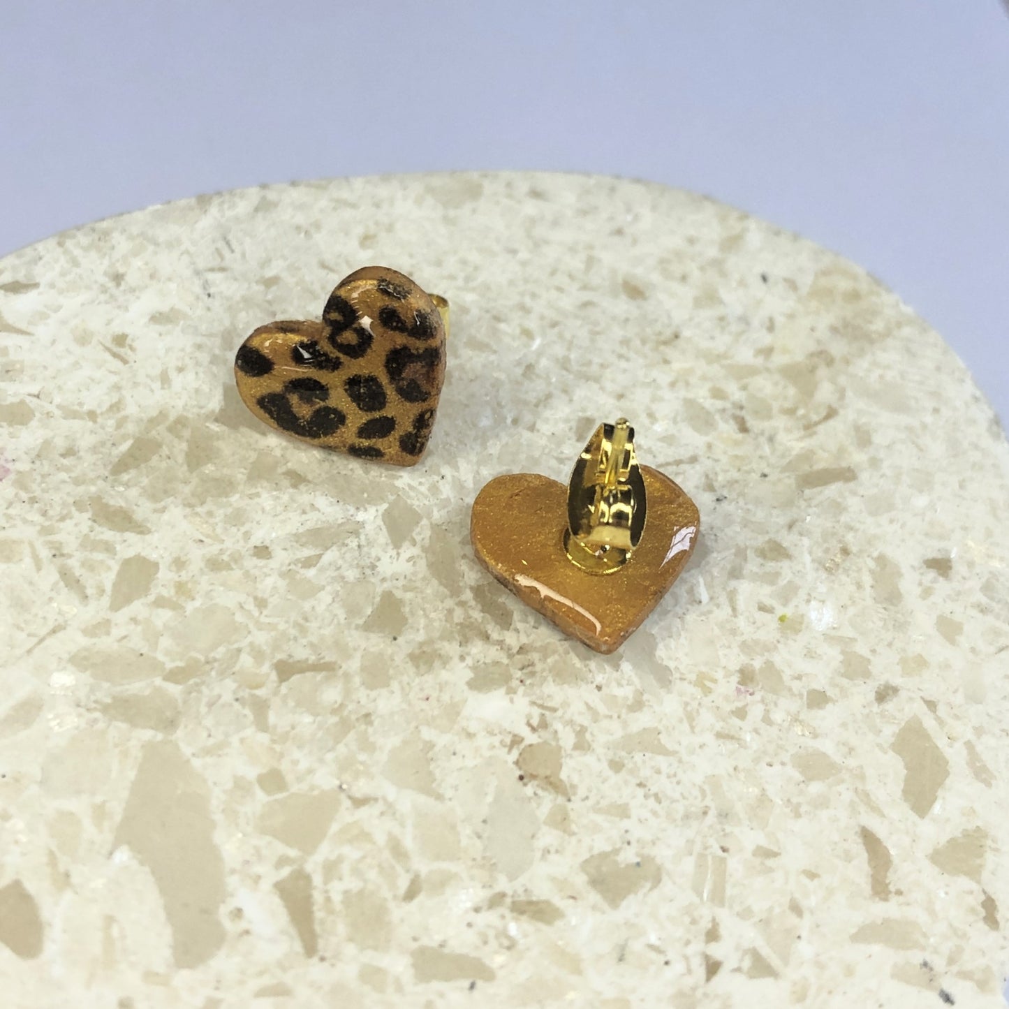 Puces d'Oreilles Cœurs - Jaune Or et Léopard