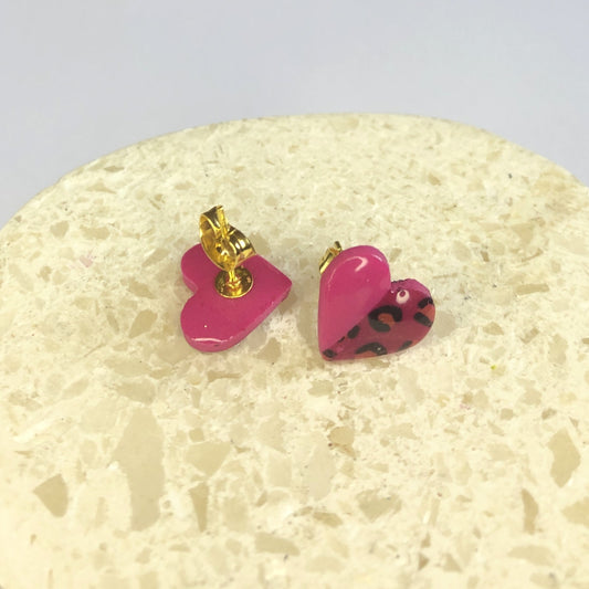 Puces d'Oreilles Cœurs - Rose Fuchsia et Léopard