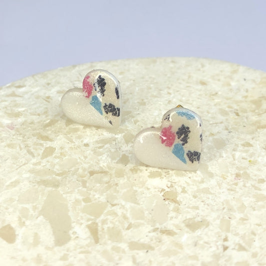 Puces d'Oreilles Cœurs - Blanc Nacré et Léopard