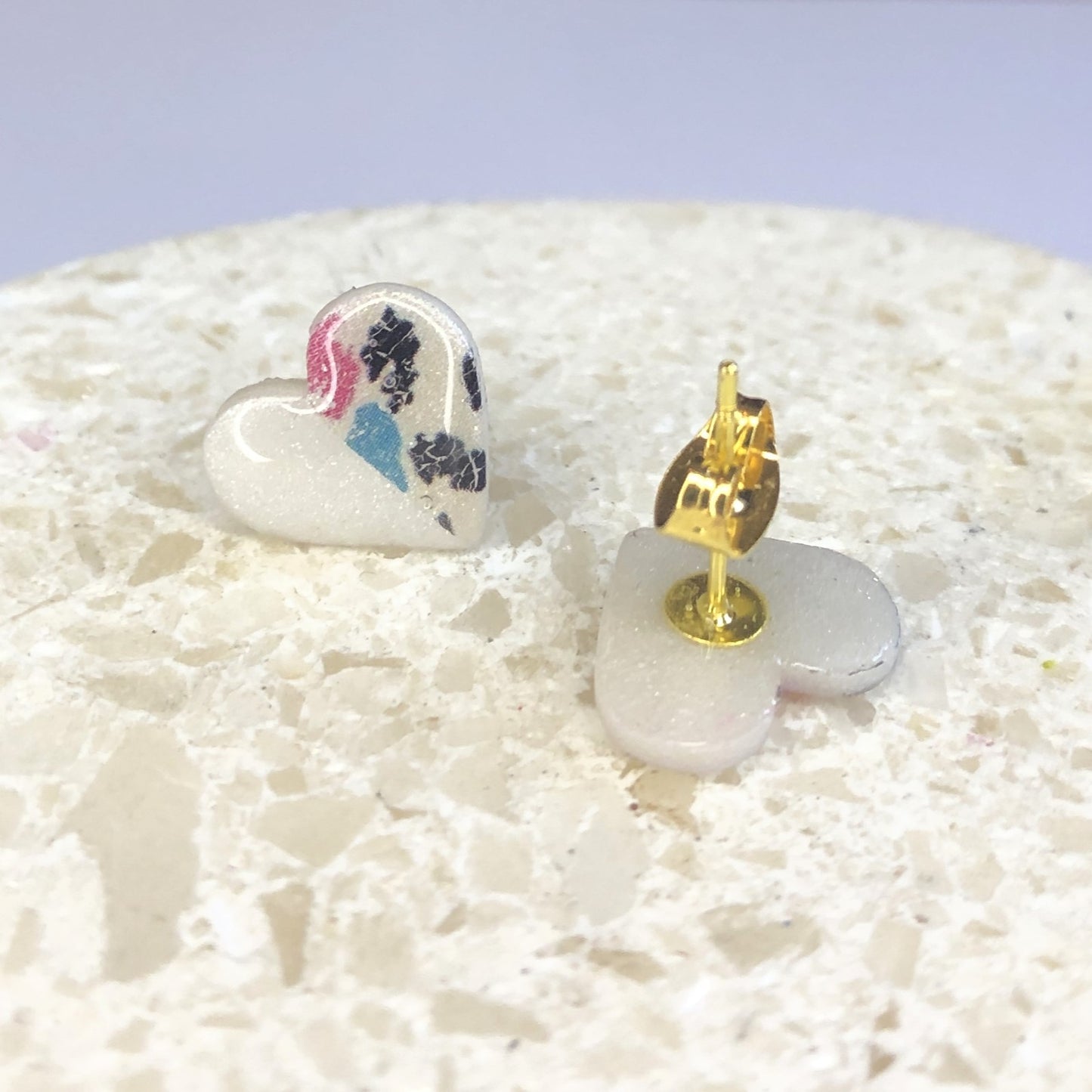 Puces d'Oreilles Cœurs - Blanc Nacré et Léopard