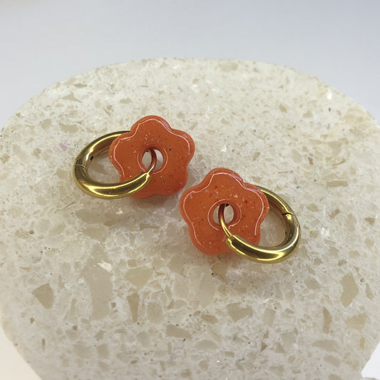 Boucles d'Oreilles Créoles Pampilles Small Fleurs - Orange Pailletées