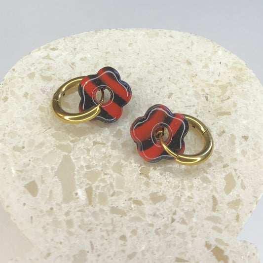 Boucles d'Oreilles Créoles Pampilles Small Fleurs - Rouge et Noir