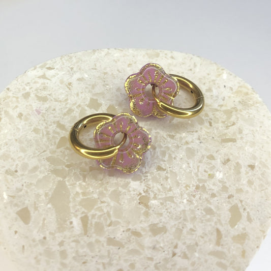 Boucles d'Oreilles Créoles Pampilles Small Fleurs - Violet Lilas et Argent