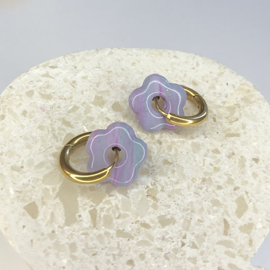 Boucles d'Oreilles Créoles Pampilles Small Fleurs - Bleu Violet Pastel