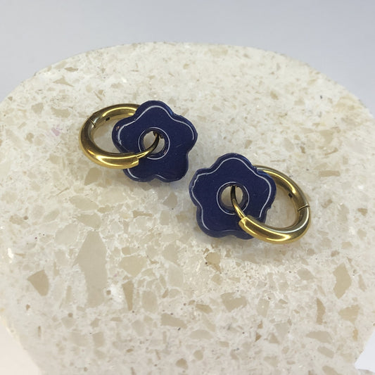 Boucles d'Oreilles Créoles Pampilles Small Fleurs - Bleu Navy