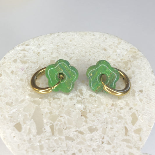 Boucles d'Oreilles Créoles Pampilles Small Fleurs - Vert Strates Scintillant