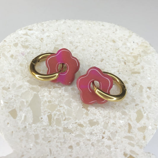 Boucles d'Oreilles Créoles Pampilles Small Fleurs - Rose et Rose Fuchsia
