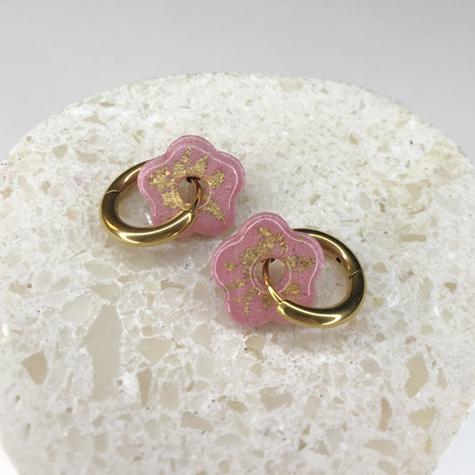 Boucles d'Oreilles Créoles Pampilles Small Fleurs - Rose Light et Or