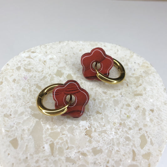 Boucles d'Oreilles Créoles Pampilles Small Fleurs - Rouge Jaspe