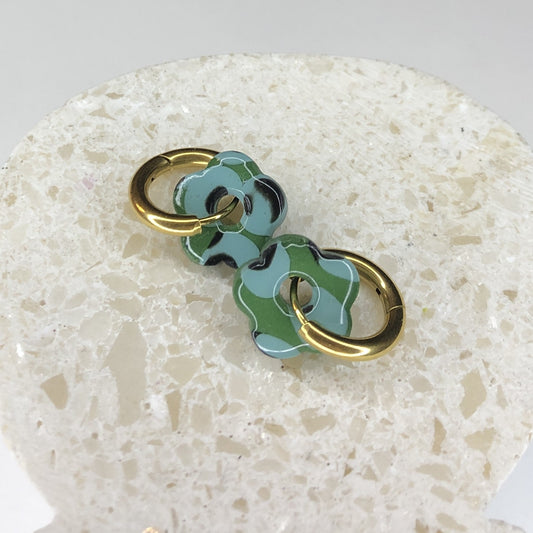 Boucles d'Oreilles Créoles Pampilles Small Fleurs - Léopard Bleu et Vert