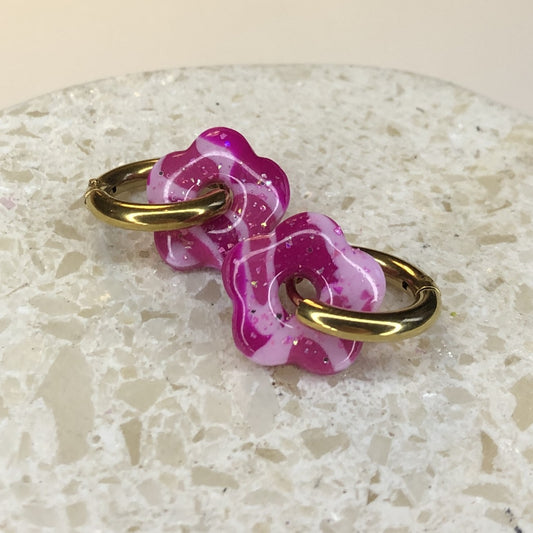 Boucles d'Oreilles Créoles Pampilles Small Fleurs - Rose Marbré Pailletées